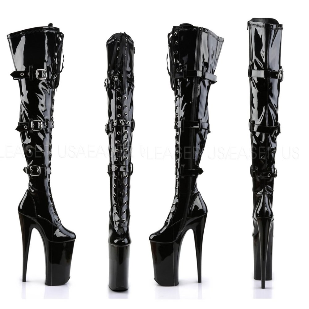 Pleaser Beyond Buckle Thigh High Boot Black PVC BNIB - Picture 2 of 2